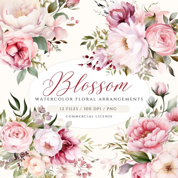 Blush Floral Watercolor Clipart, Blossom Floral Clipart, Pink Flower Clipart, Floral Arrangements, Wedding Clipart Bundle, Blush Flowers PNG
