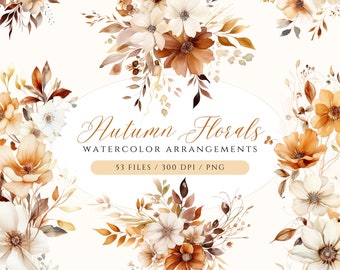 Clipart de flores de outono em aquarela: gráficos PNG florais de outono (download digital)