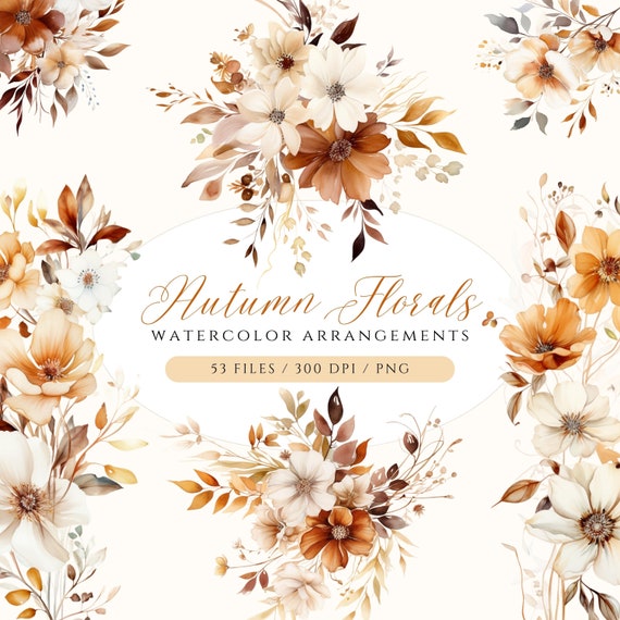 Watercolor Autumn Flowers Clipart: Fall Floral PNG Graphics (Digital Download)
