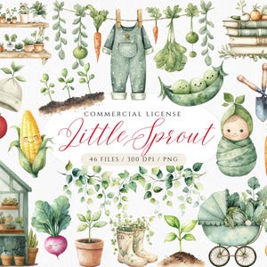 Può includere: Illustrazione ad acquerello a tema giardino. Presenta un bambino fasciato, verdure, una carrozzina e il testo "Little Sprout". Include una serra, una tuta e una pila di libri. La tavolozza dei colori è composta da verdi e arancioni tenui.
