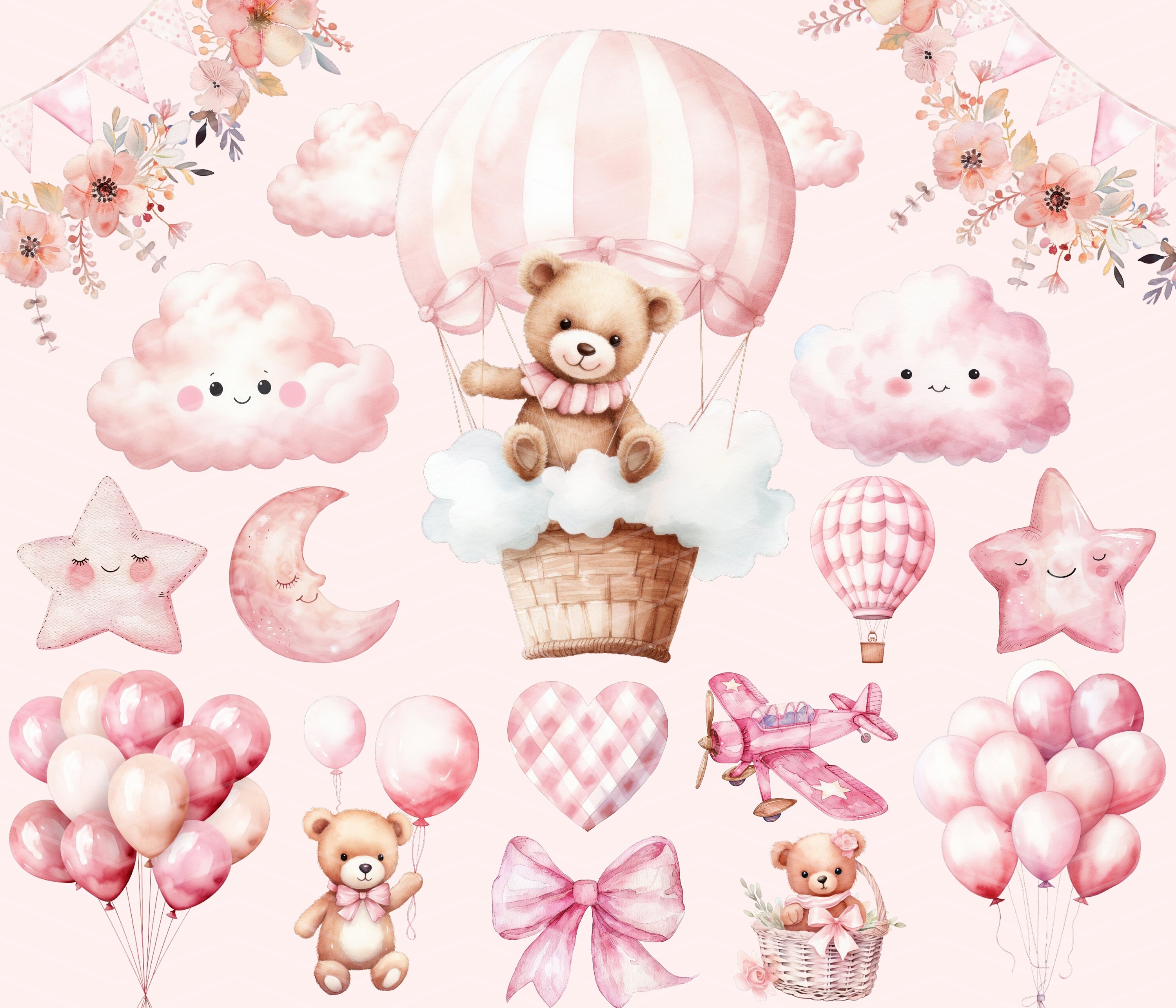 Pink Teddy Bear Watercolor Clipart Bundle: Baby Shower PNG (digital ...