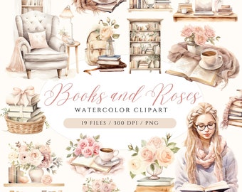 Aquarell Buch Lesung Clipart: Bücherwurm & Rosen (PNG Digital Download)