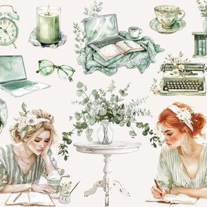 K&ouml;nnte beinhalten: Eine Aquarellillustration einer gem&uuml;tlichen Heimb&uuml;ro-Szene mit zwei Frauen, die in Tageb&uuml;cher schreiben, einer Schreibmaschine, einem Laptop, einer Kerze, einer Vase mit Eukalyptus und einer Tasse Tee.