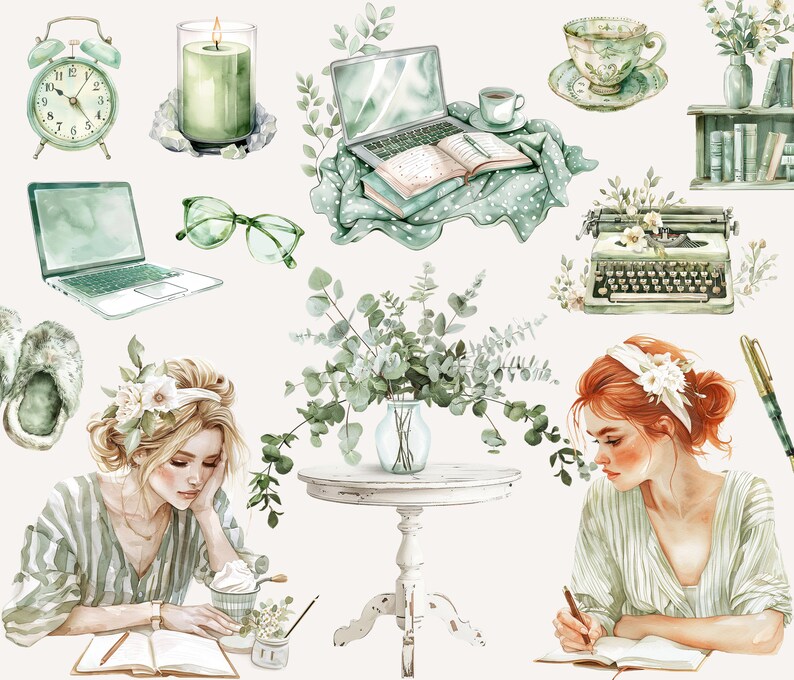 K&ouml;nnte beinhalten: Eine Aquarellillustration einer gem&uuml;tlichen Heimb&uuml;ro-Szene mit zwei Frauen, die in Tageb&uuml;cher schreiben, einer Schreibmaschine, einem Laptop, einer Kerze, einer Vase mit Eukalyptus und einer Tasse Tee.