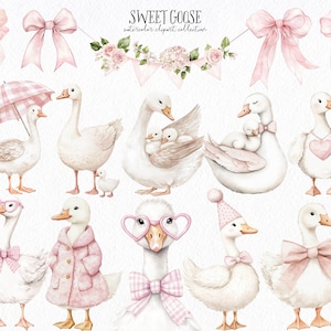 Puede incluir: Colecci&oacute;n de im&aacute;genes predise&ntilde;adas de acuarela con gansos blancos adornados con detalles en rosa. La imagen incluye guirnaldas florales, lazos y el texto "SWEET GOOSE". Los gansos est&aacute;n representados con gafas en forma de coraz&oacute;n y un abrigo rosa.