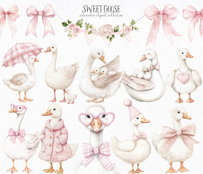 Puede incluir: Colecci&oacute;n de im&aacute;genes predise&ntilde;adas de acuarela con gansos blancos adornados con detalles en rosa. La imagen incluye guirnaldas florales, lazos y el texto "SWEET GOOSE". Los gansos est&aacute;n representados con gafas en forma de coraz&oacute;n y un abrigo rosa.