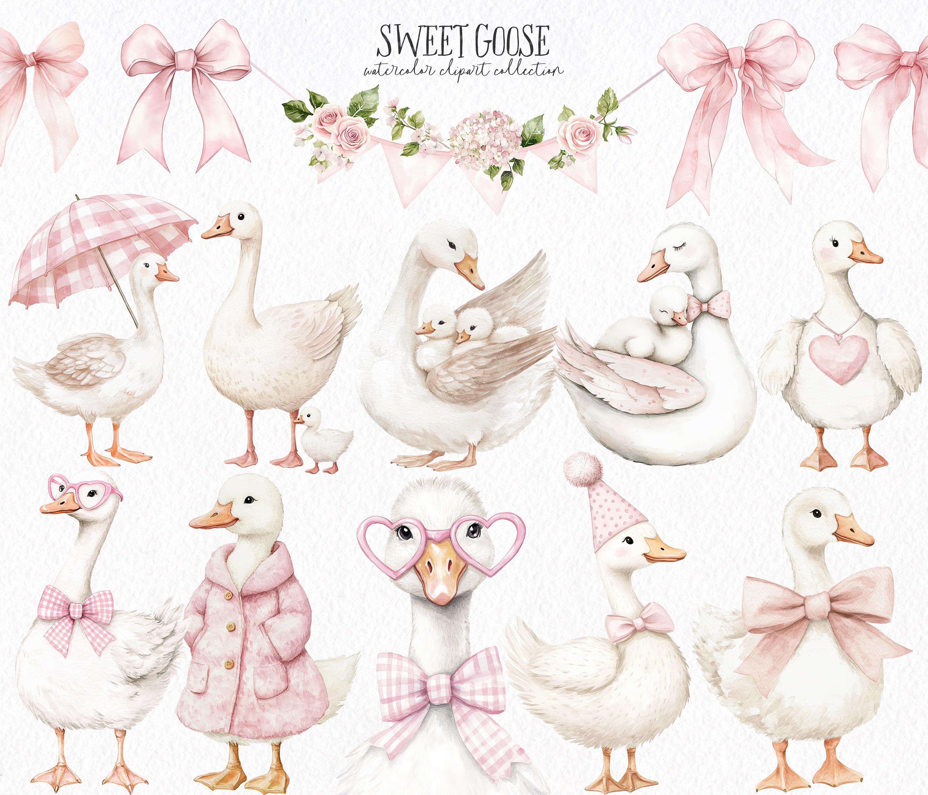 Pink Coquette Silly Goose Clipart, Watercolor Goose Baby Shower ...