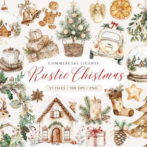 Paquete rústico de imágenes prediseñadas de Navidad, imágenes prediseñadas de adornos navideños de acuarela, PNG navideño acogedor, corona de Navidad boho, imágenes prediseñadas de árbol de Navidad