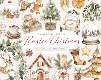 Rustic Christmas Clipart Bundle, Watercolor Christmas Ornaments Clipart, Cozy Christmas PNG, Boho Christmas Wreath, Christmas Tree Clip Art