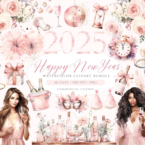 Pink New Year Clipart: Blush Champagne PNG (Digital Download)
