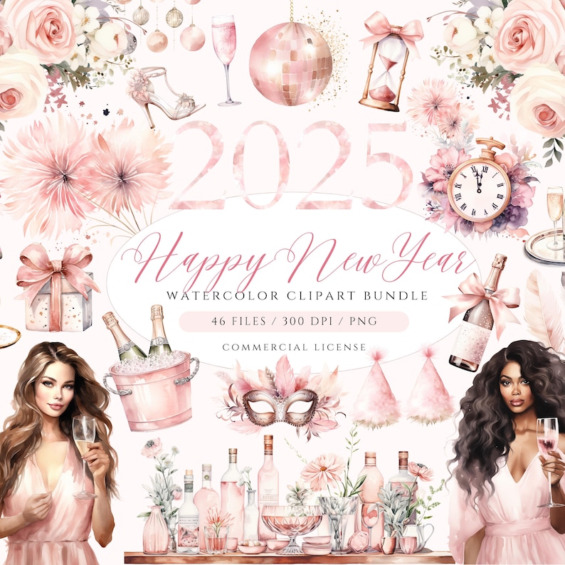 May include: A digital illustration of a pink and gold New Year's Eve party clipart bundle. The bundle includes a champagne bottle, a glass of champagne, a party hat, a mask, a clock, a disco ball, flowers, and more. The text "2025 Happy New Year Watercolor Clipart Bundle" is included in the image.