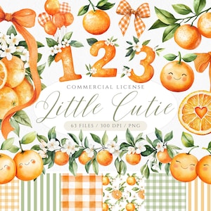 Puede incluir: Ilustración en acuarela con naranjas, hojas y elementos florales. El diseño incluye los números 1, 2 y 3, junto con el texto "Little Cutie". La paleta de colores está dominada por el naranja, el verde y el blanco, con patrones de cuadros y rayas.