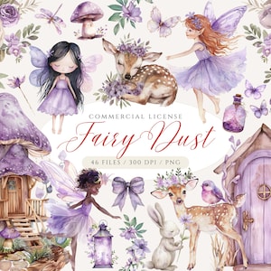 Pacchetto Clipart Fata Viola, Clipart Casa delle Fate dell'acquerello, Fate carine PNG, Foresta incantata, Corona floreale viola, Fungo, Unicorno