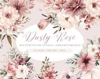 Dusty Rose Floral Clipart: Watercolor Flower Bouquets (PNG, Digital Download)