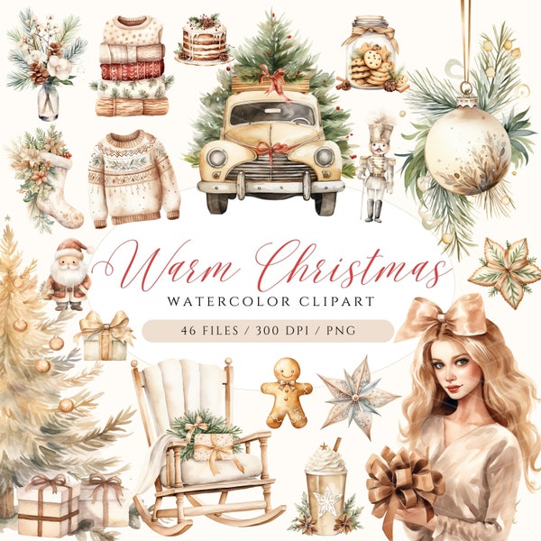 Aquarelle Noël Clipart Bundle, Aquarelle Noël Clipart, Ornements de Noël beiges, Arbre de Noël, Pull de Noël Clipart