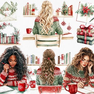 Pode incluir: Tr&ecirc;s mulheres com cabelo comprido e encaracolado est&atilde;o sentadas em mesas escrevendo em di&aacute;rios. Elas est&atilde;o vestindo su&eacute;teres vermelhos e verdes com um padr&atilde;o invernal. Cada mulher tem uma caneca de chocolate quente na frente dela. H&aacute; estantes atr&aacute;s delas com livros e decora&ccedil;&otilde;es de Natal.