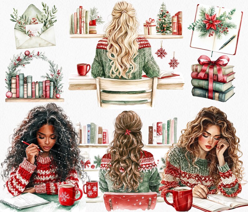 Pode incluir: Tr&ecirc;s mulheres com cabelo comprido e encaracolado est&atilde;o sentadas em mesas escrevendo em di&aacute;rios. Elas est&atilde;o vestindo su&eacute;teres vermelhos e verdes com um padr&atilde;o invernal. Cada mulher tem uma caneca de chocolate quente na frente dela. H&aacute; estantes atr&aacute;s delas com livros e decora&ccedil;&otilde;es de Natal.