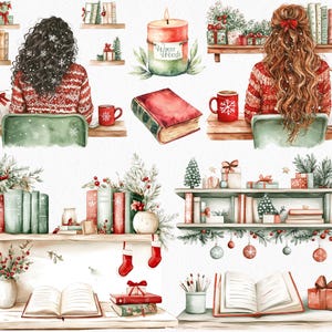 Pode incluir: Uma ilustra&ccedil;&atilde;o em aquarela de uma cena aconchegante de inverno com livros, velas e uma lareira. A ilustra&ccedil;&atilde;o apresenta duas mulheres lendo livros, uma pilha de livros em uma estante, uma vela com as palavras "Warm Woods" nela e uma lareira com meias penduradas na lareira.