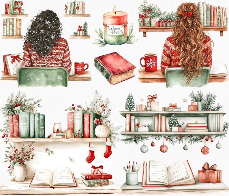 Pode incluir: Uma ilustra&ccedil;&atilde;o em aquarela de uma cena aconchegante de inverno com livros, velas e uma lareira. A ilustra&ccedil;&atilde;o apresenta duas mulheres lendo livros, uma pilha de livros em uma estante, uma vela com as palavras "Warm Woods" nela e uma lareira com meias penduradas na lareira.