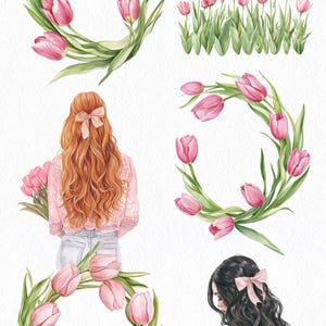 May include: A digital illustration of two women with pink floral wreaths and bouquets of pink tulips. The text "Tulip Spring Feminine Watercolor Clipart" is at the top of the image.