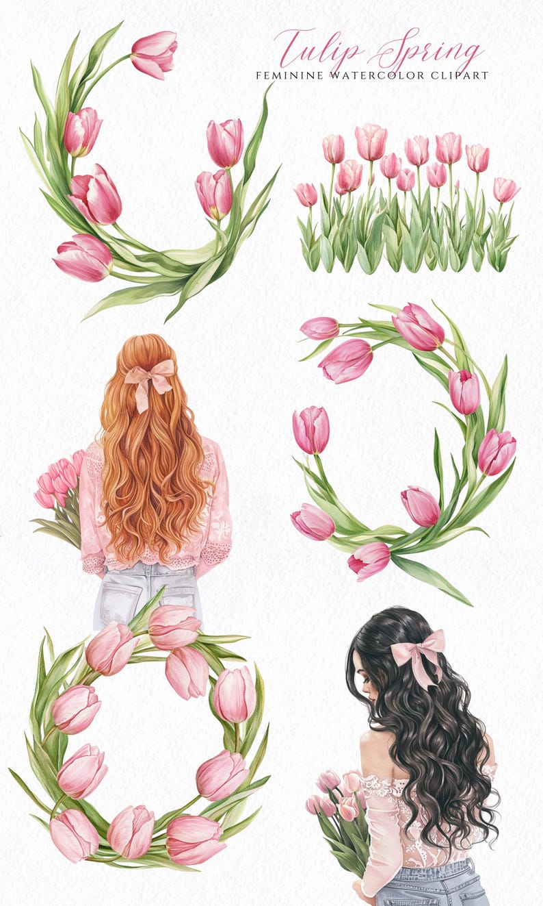 May include: A digital illustration of two women with pink floral wreaths and bouquets of pink tulips. The text "Tulip Spring Feminine Watercolor Clipart" is at the top of the image.