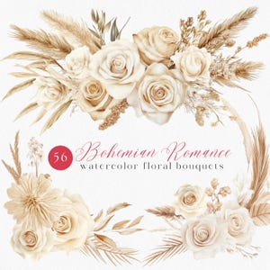 Clipart floral bohemio, ramos bohemios, coronas bohemias, clipart de flores secas, flores de acuarela con licencia comercial, hierba de la pampa bohemia PNG