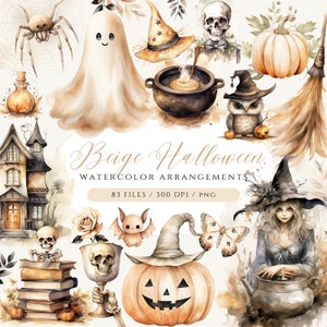 Watercolor Halloween Clipart, Beige Halloween, Witch, Ghost, Spider, Bat, Spooky Halloween Clip Art, Cute Halloween PNG, Commercial Use