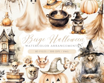 Könnte beinhalten: Beige Halloween Watercolor-Clipart-Set mit einer Hexe, einem Geist, einem Kürbis, einem Kessel, einer Spinne, einer Fledermaus, einem Schädel, einem Haus, einem Bücherstapel, einer Rose, einer Eule, einem Besen und einem Schmetterling. 83 Dateien, 300 DPI, PNG.