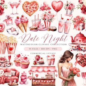 Clipart de San Valentín en acuarela, Clipart de noche de cita, Lindo día de San Valentín, Champán, Clipart de noche de película, Corazón de acuarela PNG, Palomitas de maíz PNG