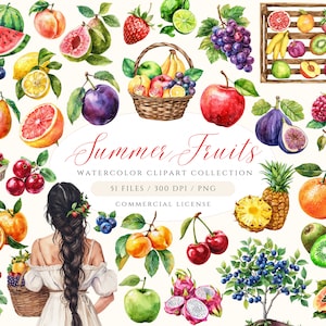 Clipart di frutta ad acquerello, PNG di frutta estiva, Clipart estivo, PNG di cesto di frutta, Clipart di mele, PNG di limone, Clipart da giardino, Frutta dolce, Banana