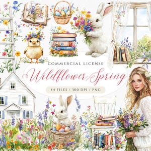 Aquarell Wildblumen Frühling Clipart, Cottagecore Frühling PNG, Junk Journal Clipart Bundle, Wildblumen Ostern, Hasen und Wildblumen