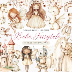 Boho Prinzessin Clipart, Neutral Fee Bundle, Märchen Clipart, Beige Prinzessin und Wildblumen, Drache, Einhorn PNG, Schloss, kleines Königreich