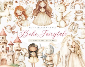 Boho Princess Clipart Bundle: Fairytale Dragon, Unicorn, Castle (PNG)