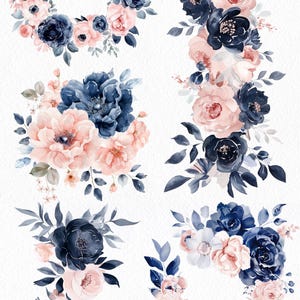 Navy and Blush Floral Clipart: Watercolor Flower PNG Set (digital ...