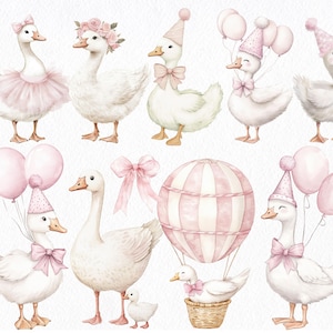 Puede incluir: Ilustraci&oacute;n en acuarela de gansos blancos con lazos rosas, sombreros de fiesta y globos. Algunos gansos llevan tut&uacute;s o coronas de flores. Tambi&eacute;n se incluye un globo aerost&aacute;tico y un ganso en una cesta. La obra tiene una paleta de colores pastel.