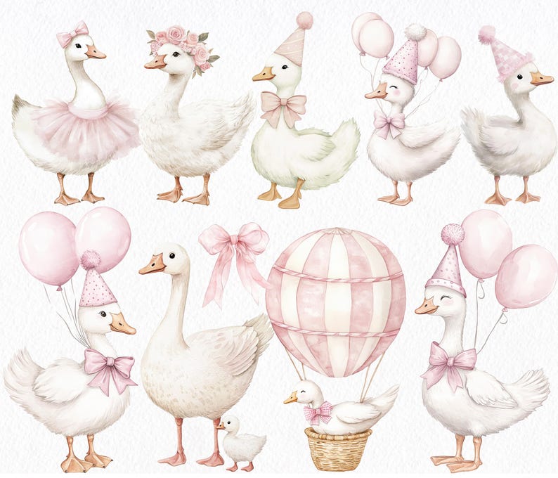 Puede incluir: Ilustraci&oacute;n en acuarela de gansos blancos con lazos rosas, sombreros de fiesta y globos. Algunos gansos llevan tut&uacute;s o coronas de flores. Tambi&eacute;n se incluye un globo aerost&aacute;tico y un ganso en una cesta. La obra tiene una paleta de colores pastel.