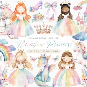 Imágenes Prediseñadas de acuarela de princesa arcoíris, princesa linda PNG, imágenes prediseñadas de unicornio colorido, cumpleaños de princesa, arte de guardería de princesa, imágenes prediseñadas de castillo