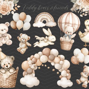 May include: A set of digital illustrations featuring teddy bears and their friends. The illustrations include a teddy bear in a hot air balloon, a teddy bear in a basket, a teddy bear with a party hat, a bunny rabbit, a goose, and a garland of balloons.