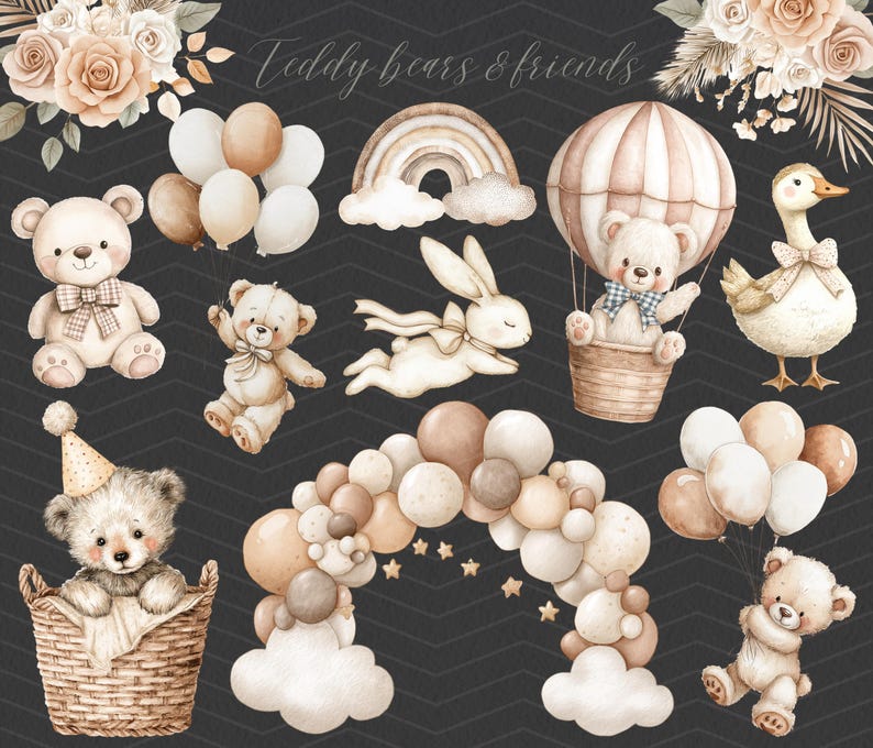 May include: A set of digital illustrations featuring teddy bears and their friends. The illustrations include a teddy bear in a hot air balloon, a teddy bear in a basket, a teddy bear with a party hat, a bunny rabbit, a goose, and a garland of balloons.
