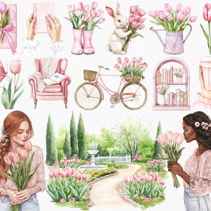 May include: A watercolor illustration featuring a variety of spring-themed elements, including a bicycle, a bookshelf, a garden scene, a pair of pink rain boots, a watering can, a bouquet of pink tulips, a book, a cup of coffee, and two women holding bouquets of pink tulips.
