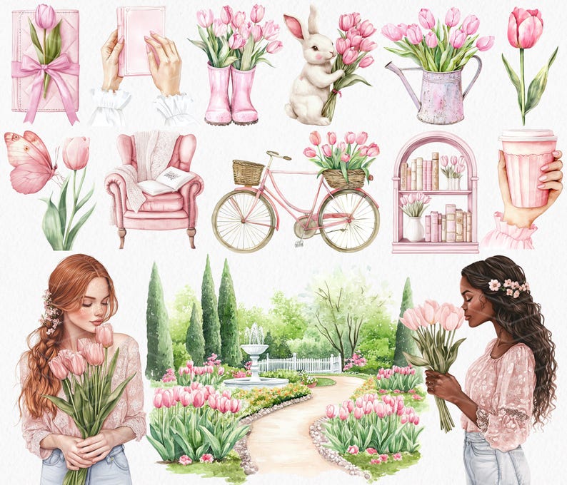 May include: A watercolor illustration featuring a variety of spring-themed elements, including a bicycle, a bookshelf, a garden scene, a pair of pink rain boots, a watering can, a bouquet of pink tulips, a book, a cup of coffee, and two women holding bouquets of pink tulips.