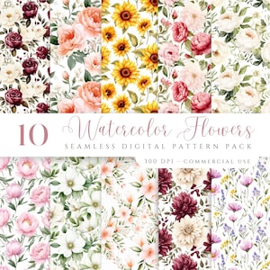 May include: A digital download pack of 10 watercolor flower seamless patterns. The patterns feature various flowers, including roses, sunflowers, peonies, and daisies, in shades of pink, red, white, and yellow. The patterns are perfect for creating digital and printed projects, such as fabric, wallpaper, and stationery.