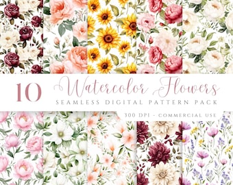 May include: A digital download pack of 10 watercolor flower seamless patterns. The patterns feature various flowers, including roses, sunflowers, peonies, and daisies, in shades of pink, red, white, and yellow. The patterns are perfect for creating digital and printed projects, such as fabric, wallpaper, and stationery.