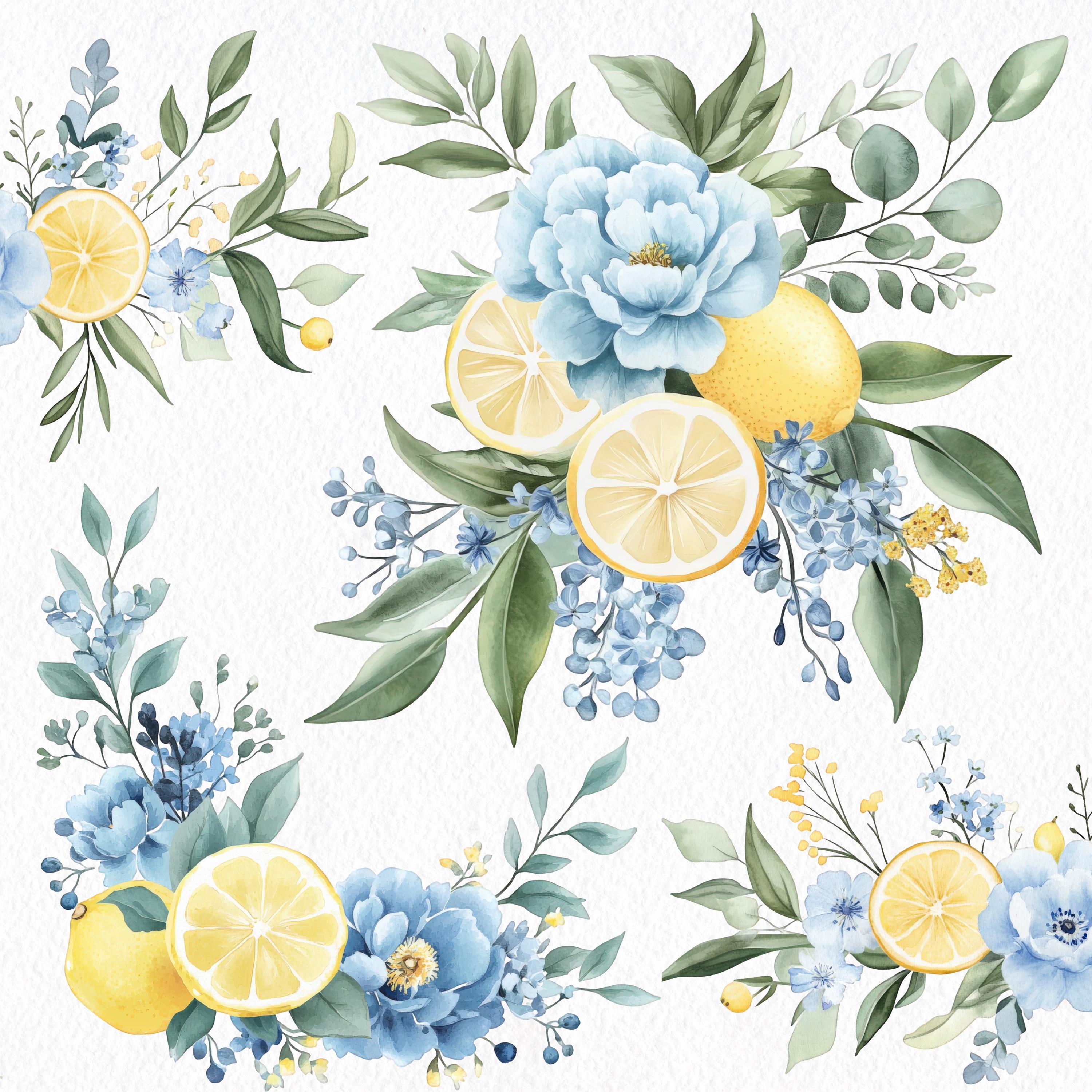 Blue Lemon Watercolor Clipart Bundle, Floral Wreaths, Citrus Wedding ...