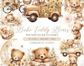 Boho Teddy Bear Watercolor Clipart: Floral Baby Shower PNG (Digital Download)