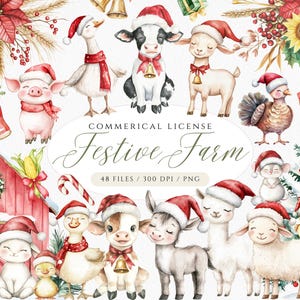May include: Watercolor illustration featuring various farm animals, including a pig, goose, cow, goat, and turkey, all wearing Santa hats and festive attire. The image includes the text "Festive Farm".