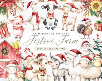 Christmas Farm Animals Clipart: Watercolor Barnyard PNG (Digital Download)