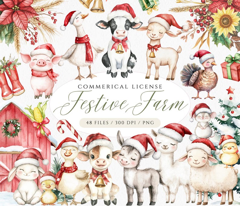 May include: Watercolor illustration featuring various farm animals, including a pig, goose, cow, goat, and turkey, all wearing Santa hats and festive attire. The image includes the text "Festive Farm".