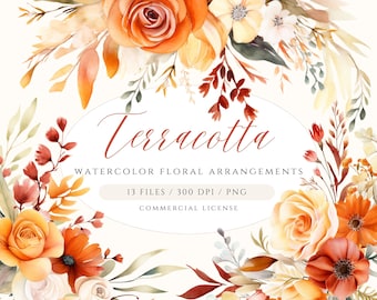 Clipart Floral Aquarela Terracota: Buquês de Flores de Outono (PNG)