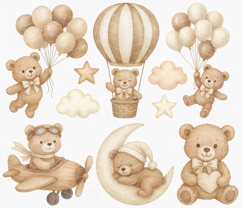 Watercolor Brown Teddy Bear Clipart: Boho Baby Shower Illustrations ...
